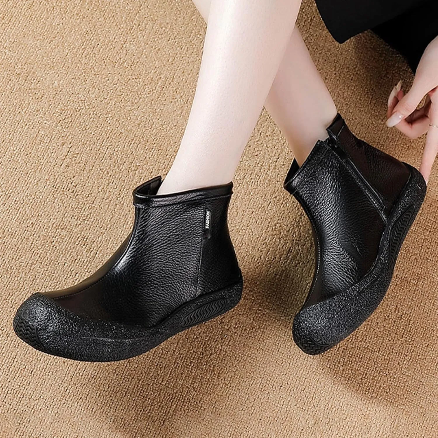 BlackeEight Women's Winter Leather Zipper Ankle-Support Boots,Comfy Warm Waterproof Non-slip Outdoor Barefoot Shoes Short Booties
