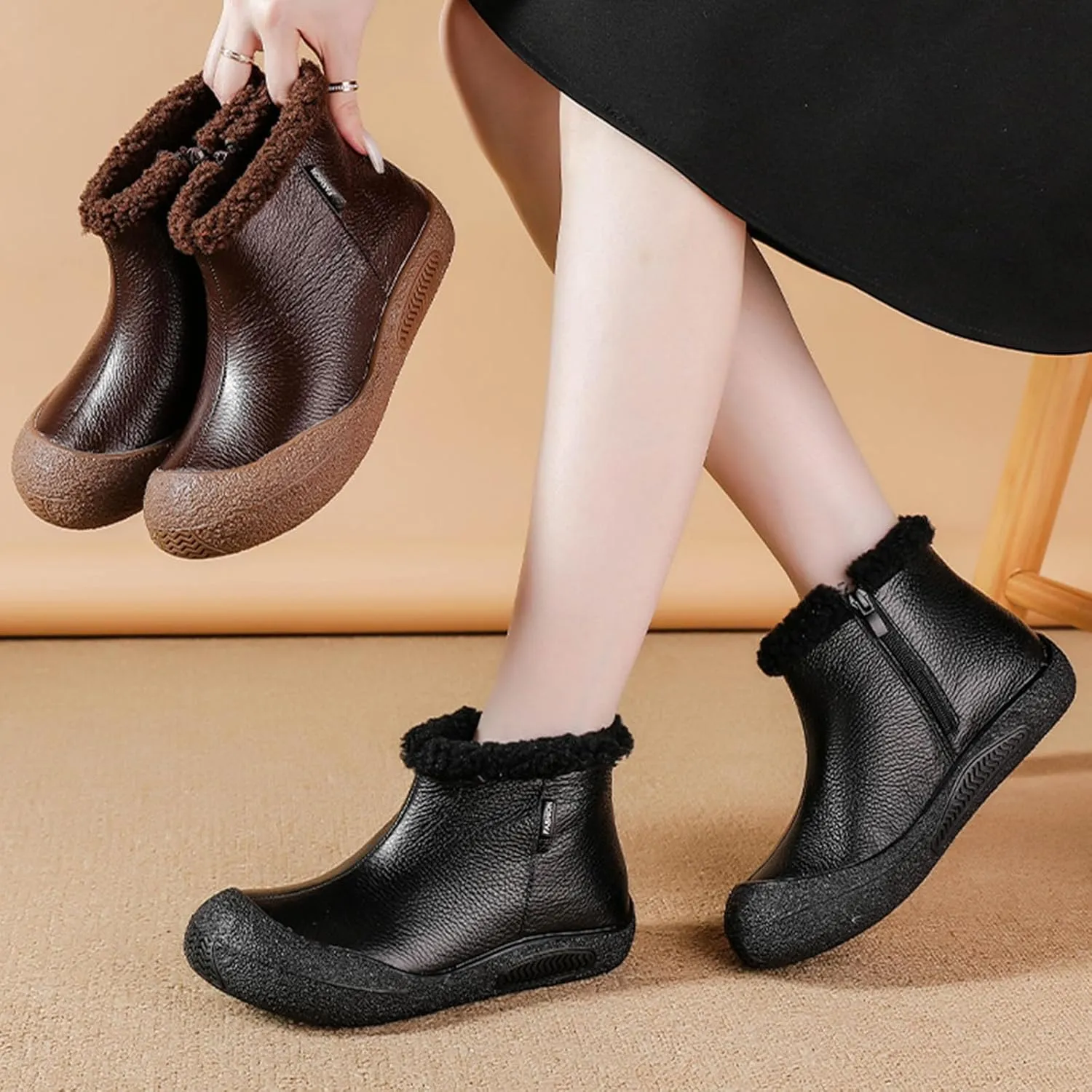 BlackeEight Women's Winter Leather Zipper Ankle-Support Boots,Comfy Warm Waterproof Non-slip Outdoor Barefoot Shoes Short Booties