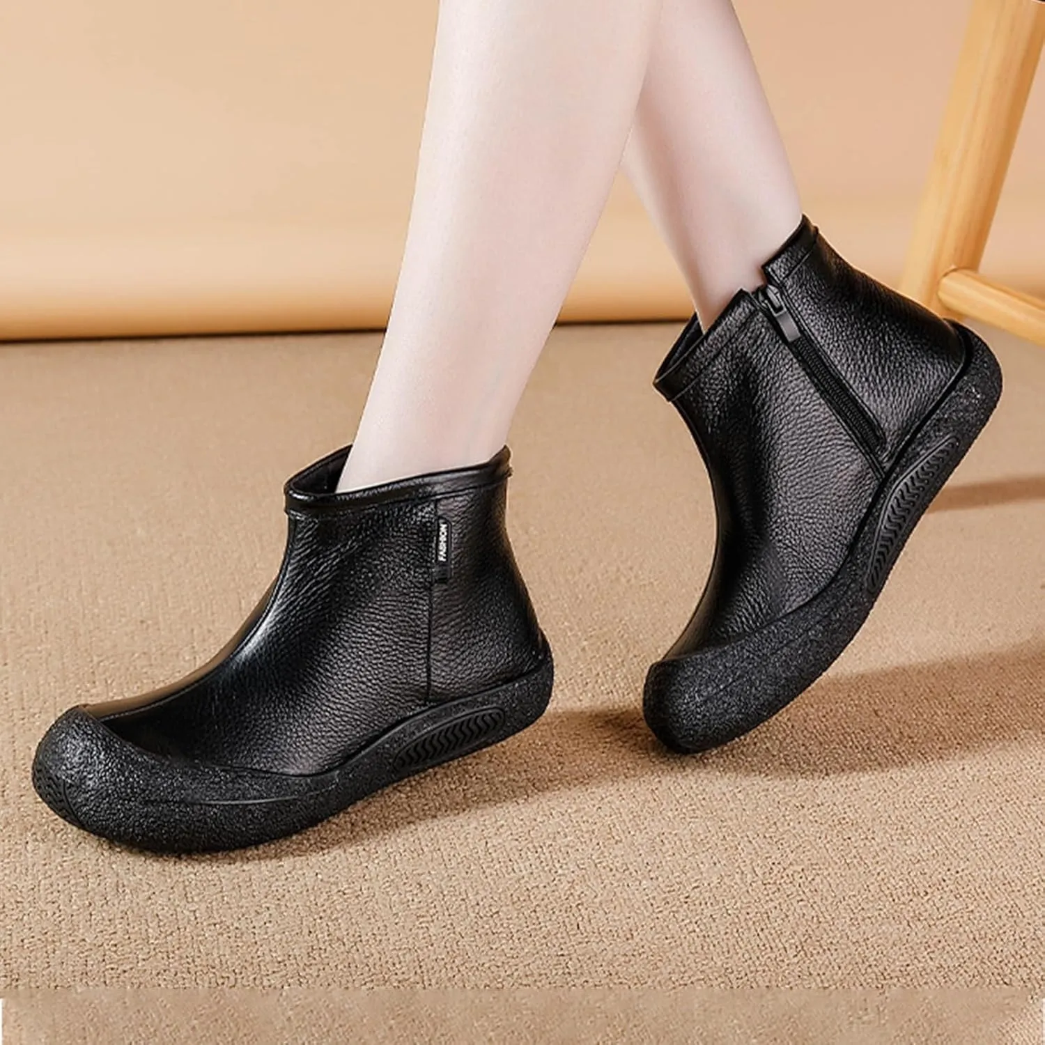 BlackeEight Women's Winter Leather Zipper Ankle-Support Boots,Comfy Warm Waterproof Non-slip Outdoor Barefoot Shoes Short Booties