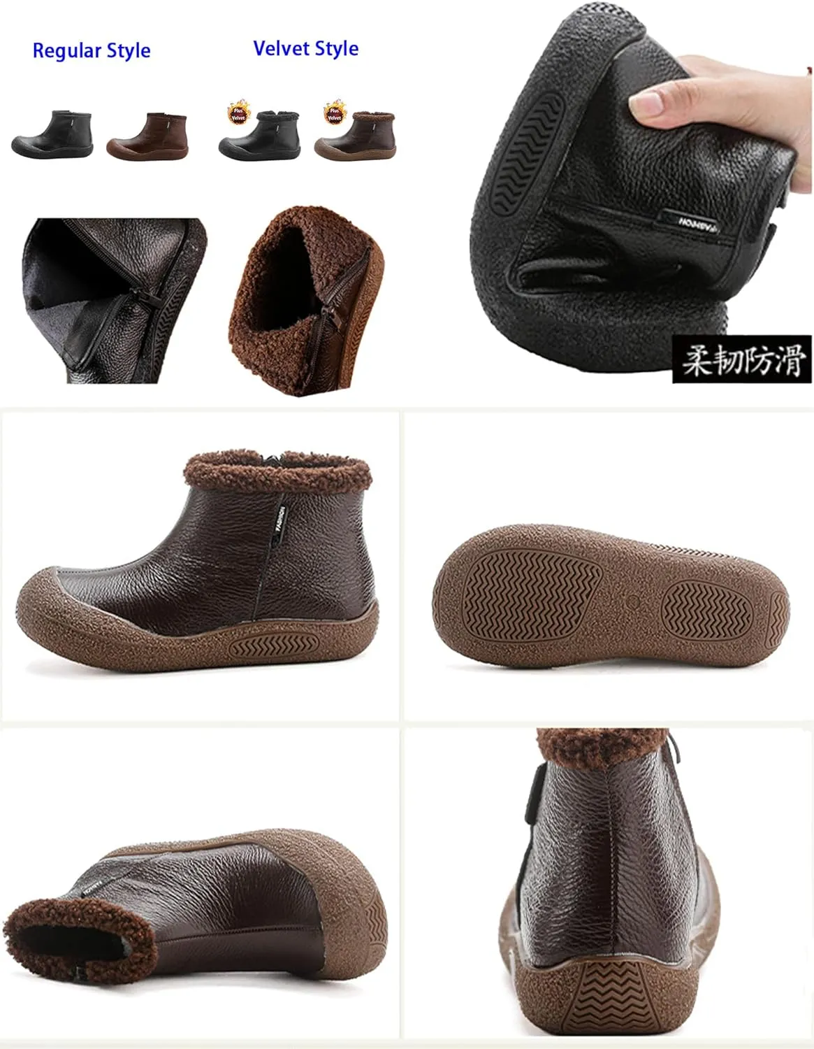 BlackeEight Women's Winter Leather Zipper Ankle-Support Boots,Comfy Warm Waterproof Non-slip Outdoor Barefoot Shoes Short Booties