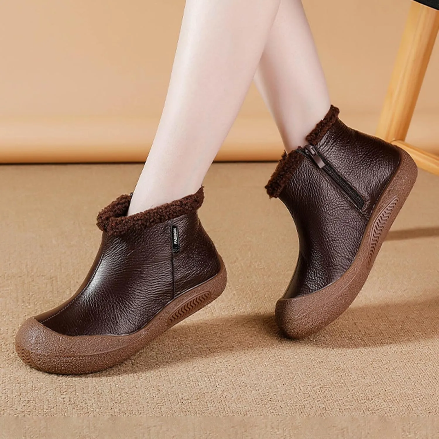 BlackeEight Women's Winter Leather Zipper Ankle-Support Boots,Comfy Warm Waterproof Non-slip Outdoor Barefoot Shoes Short Booties