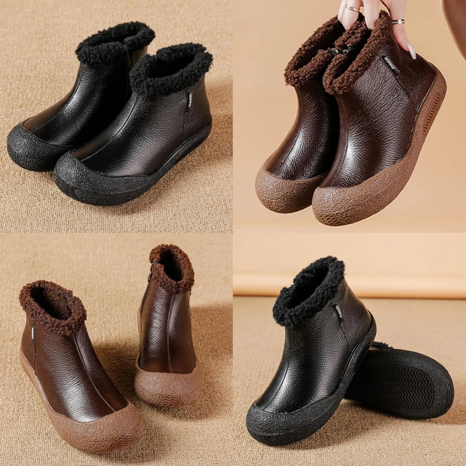 BlackeEight Women's Winter Leather Zipper Ankle-Support Boots,Comfy Warm Waterproof Non-slip Outdoor Barefoot Shoes Short Booties