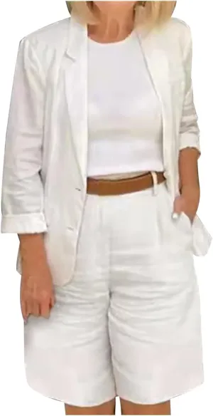 Blazer Sets for Women 2 Piece Outfits Open Front Button Up Jacket and Bermuda Shorts Suits Work Office Casual Sets