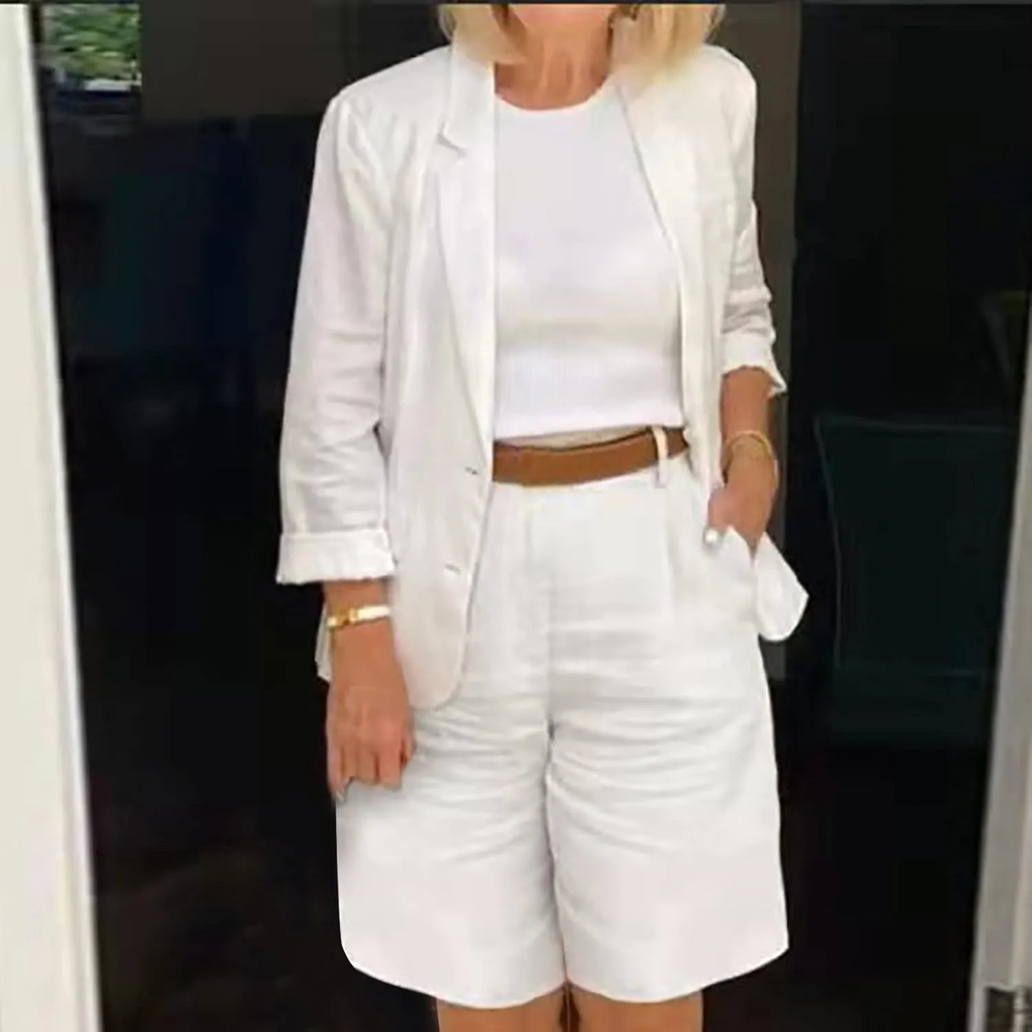 Blazer Sets for Women 2 Piece Outfits Open Front Button Up Jacket and Bermuda Shorts Suits Work Office Casual Sets