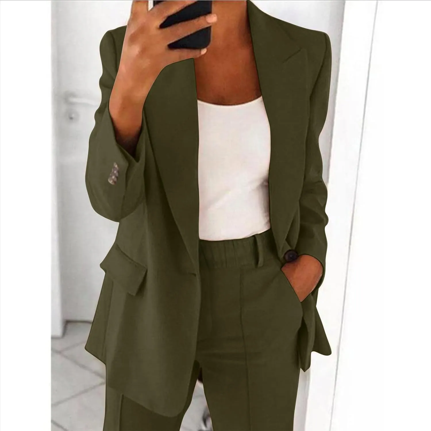 Blazer Sets Women 2 Piece Outfits Open Front Business Casual Jackets Elastic Waist Dress Pants Fashion Suit Sets