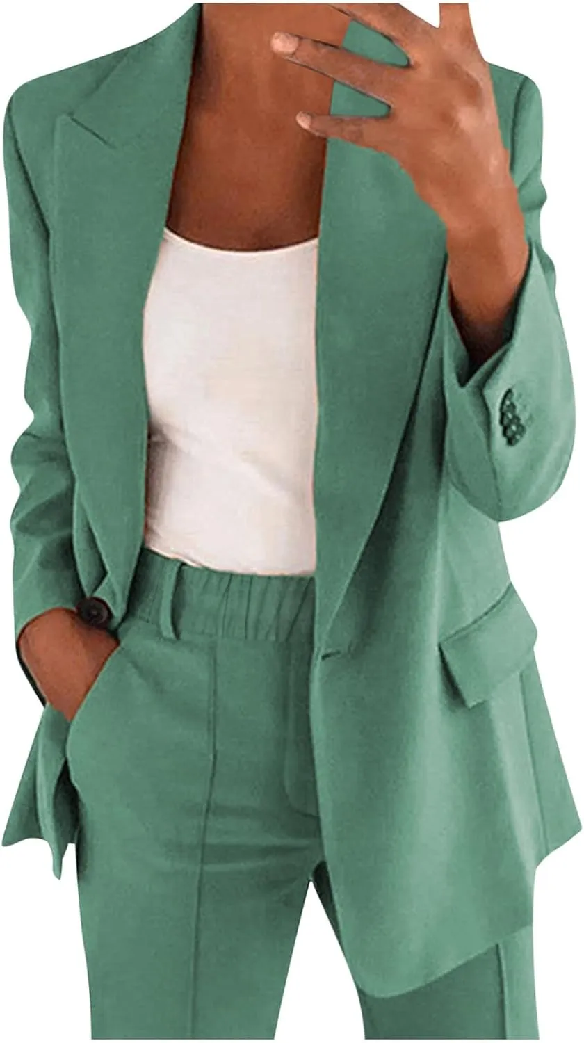 Blazer Sets Women 2 Piece Outfits Open Front Business Casual Jackets Elastic Waist Dress Pants Fashion Suit Sets
