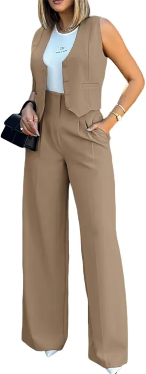 Blazer Sets Women 2 Piece Summer Sleeveless Cropped Vest Blazer Wide Leg Pants Work Office Business Casual Suit Sets