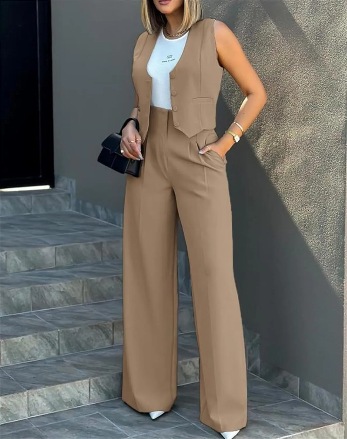 Blazer Sets Women 2 Piece Summer Sleeveless Cropped Vest Blazer Wide Leg Pants Work Office Business Casual Suit Sets