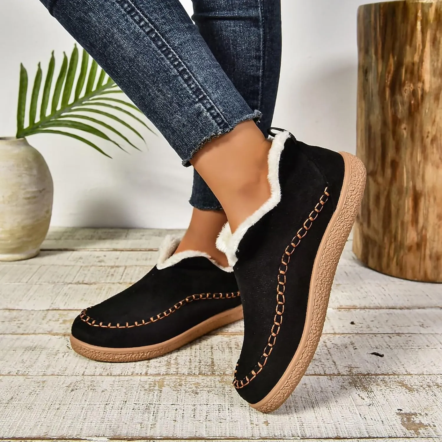 Booties For Women Low Heel Plush Lined Walking Shoes Non Slip Casual Shoes Winter Boots For Women Winter Walking Boots
