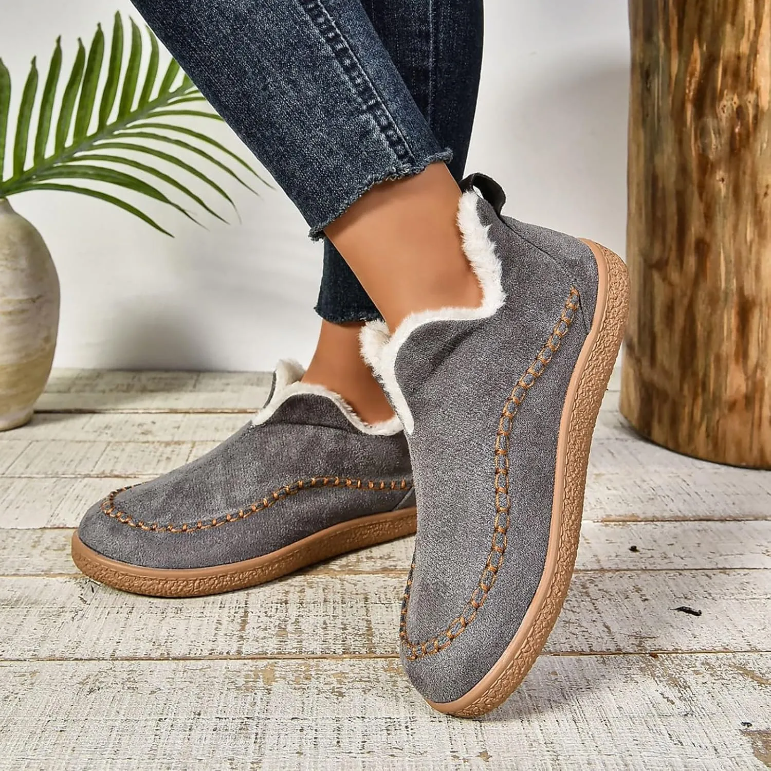 Booties For Women Low Heel Plush Lined Walking Shoes Non Slip Casual Shoes Winter Boots For Women Winter Walking Boots