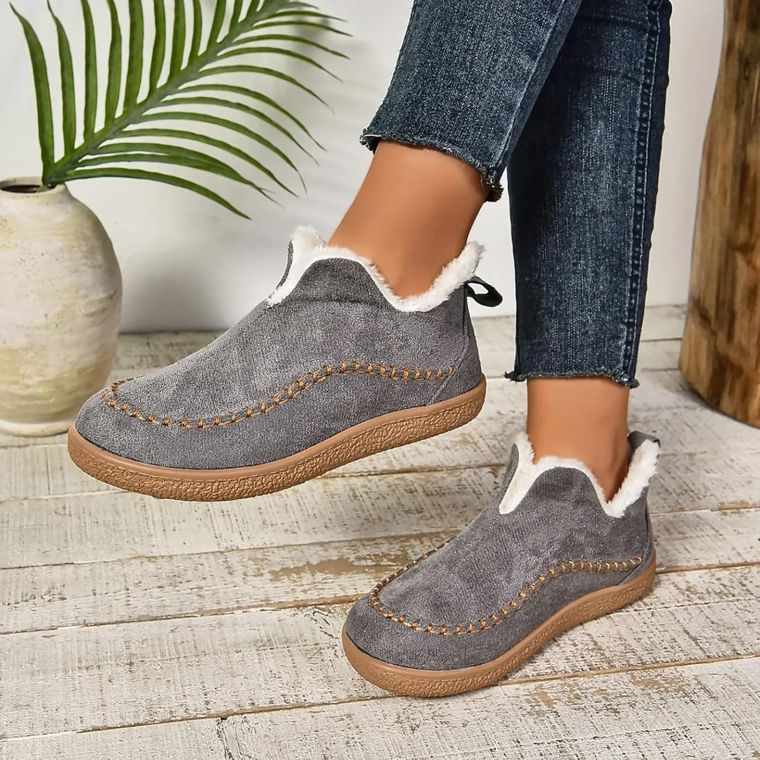 Booties For Women Low Heel Plush Lined Walking Shoes Non Slip Casual Shoes Winter Boots For Women Winter Walking Boots