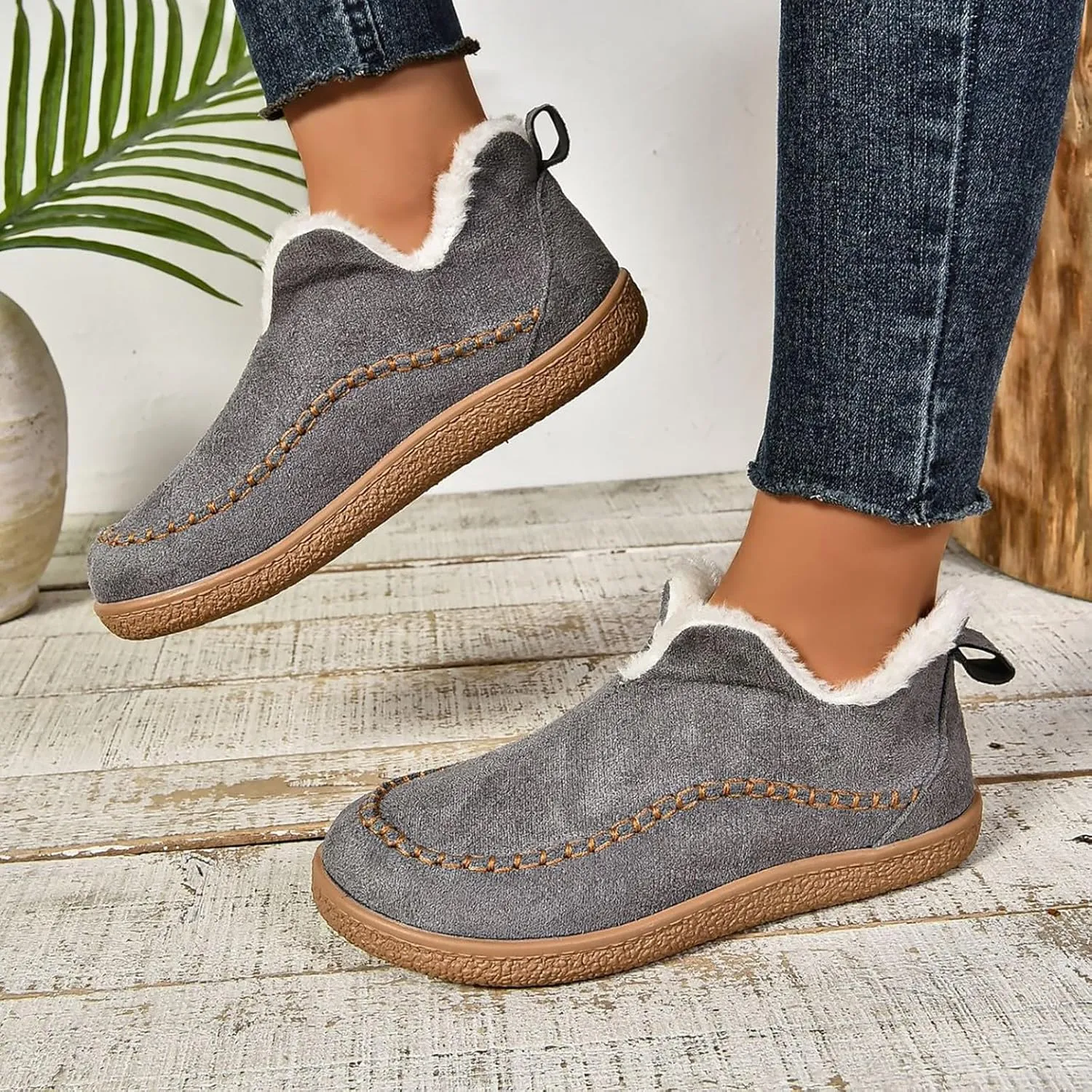 Booties For Women Low Heel Plush Lined Walking Shoes Non Slip Casual Shoes Winter Boots For Women Winter Walking Boots