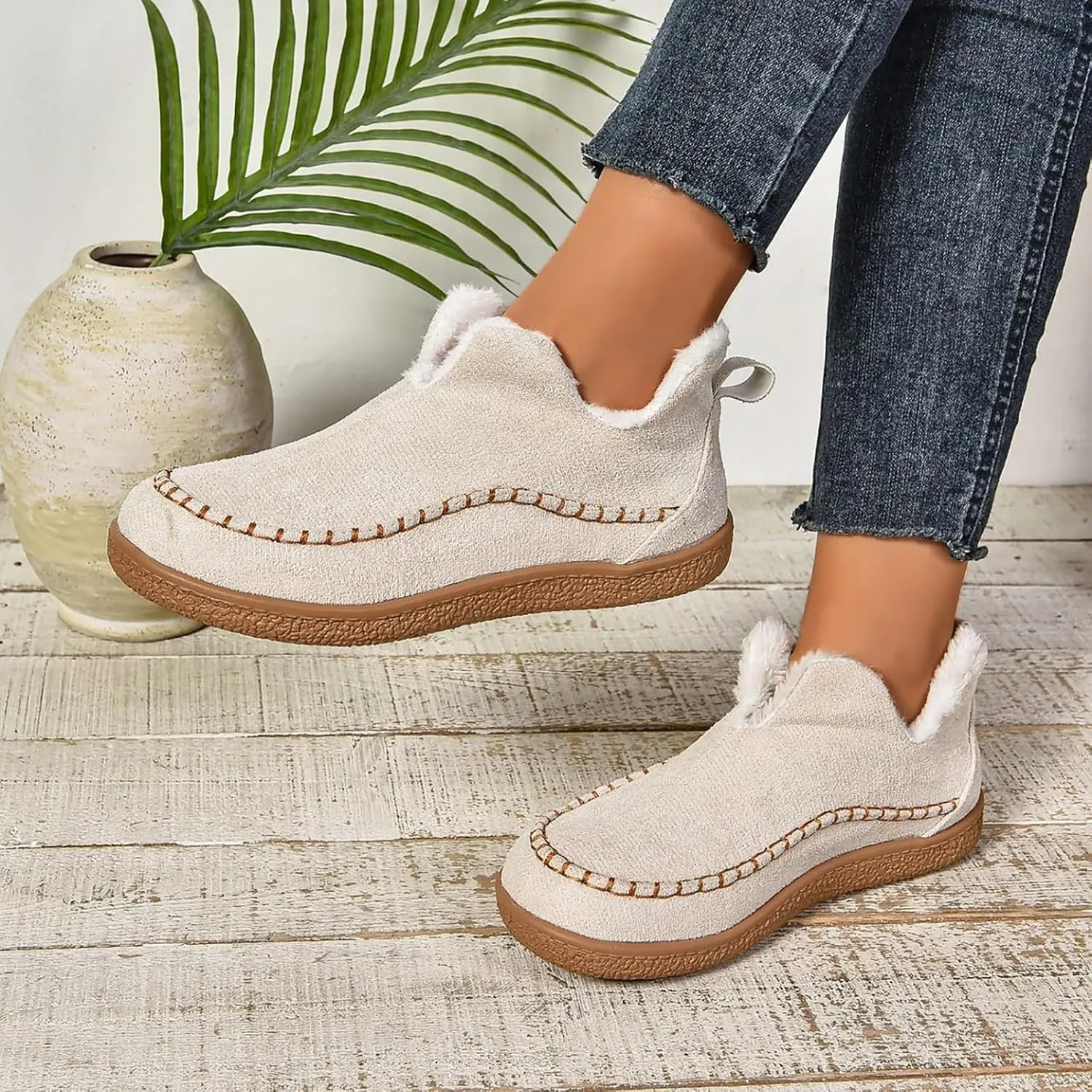 Booties For Women Low Heel Plush Lined Walking Shoes Non Slip Casual Shoes Winter Boots For Women Winter Walking Boots