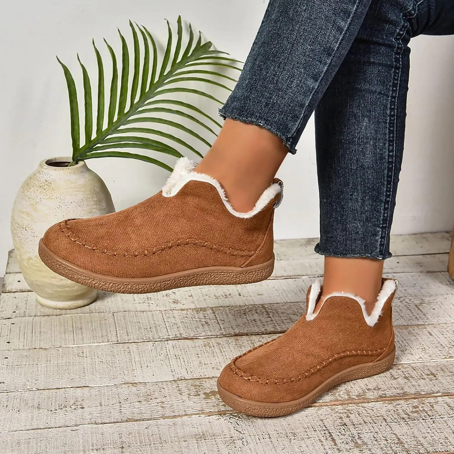 Booties For Women Low Heel Plush Lined Walking Shoes Non Slip Casual Shoes Winter Boots For Women Winter Walking Boots