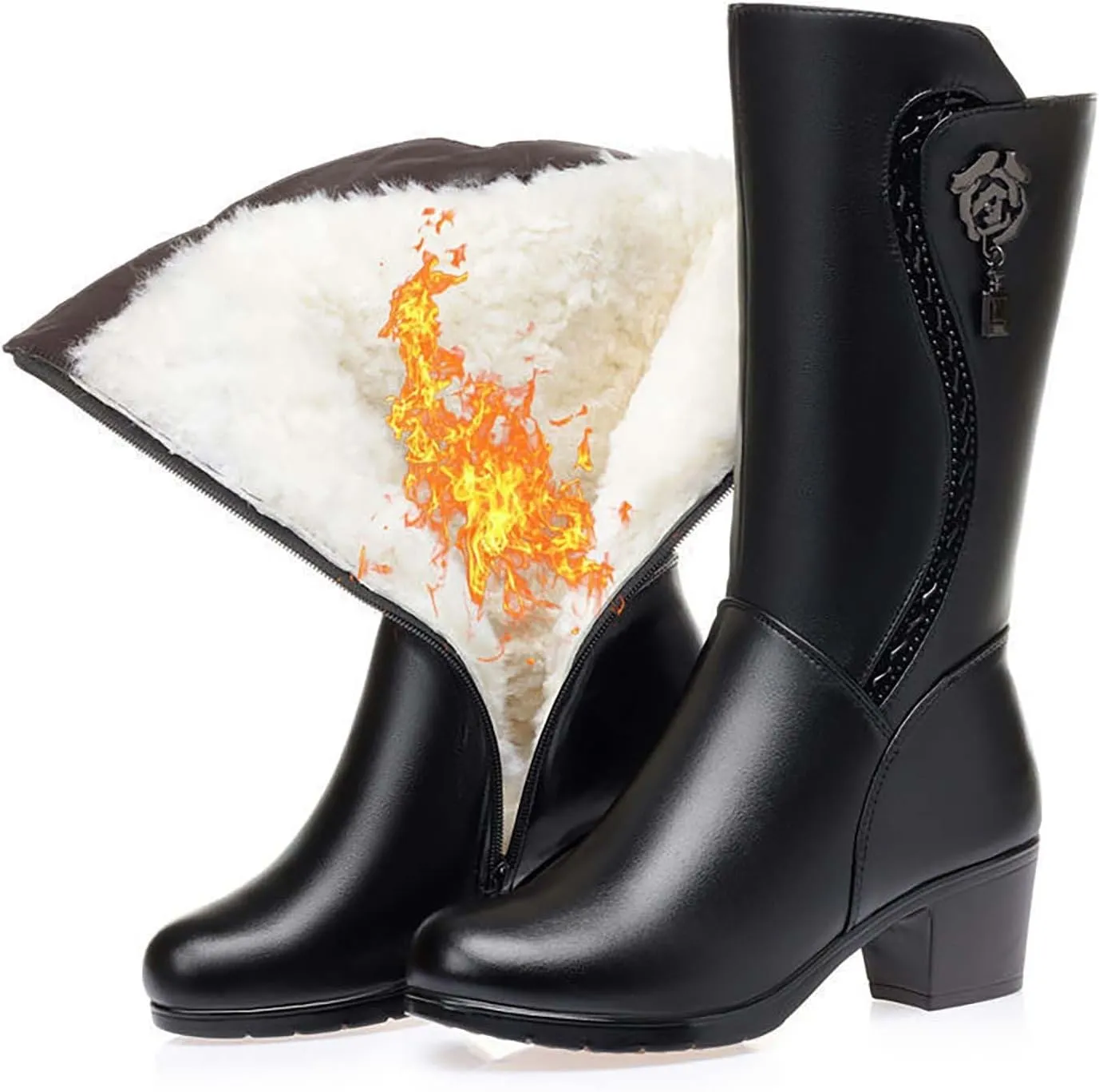 Boots with Heels for Women Waterproof Black Dress Boots for Women Round Toe Square Heel Knee-High Boots