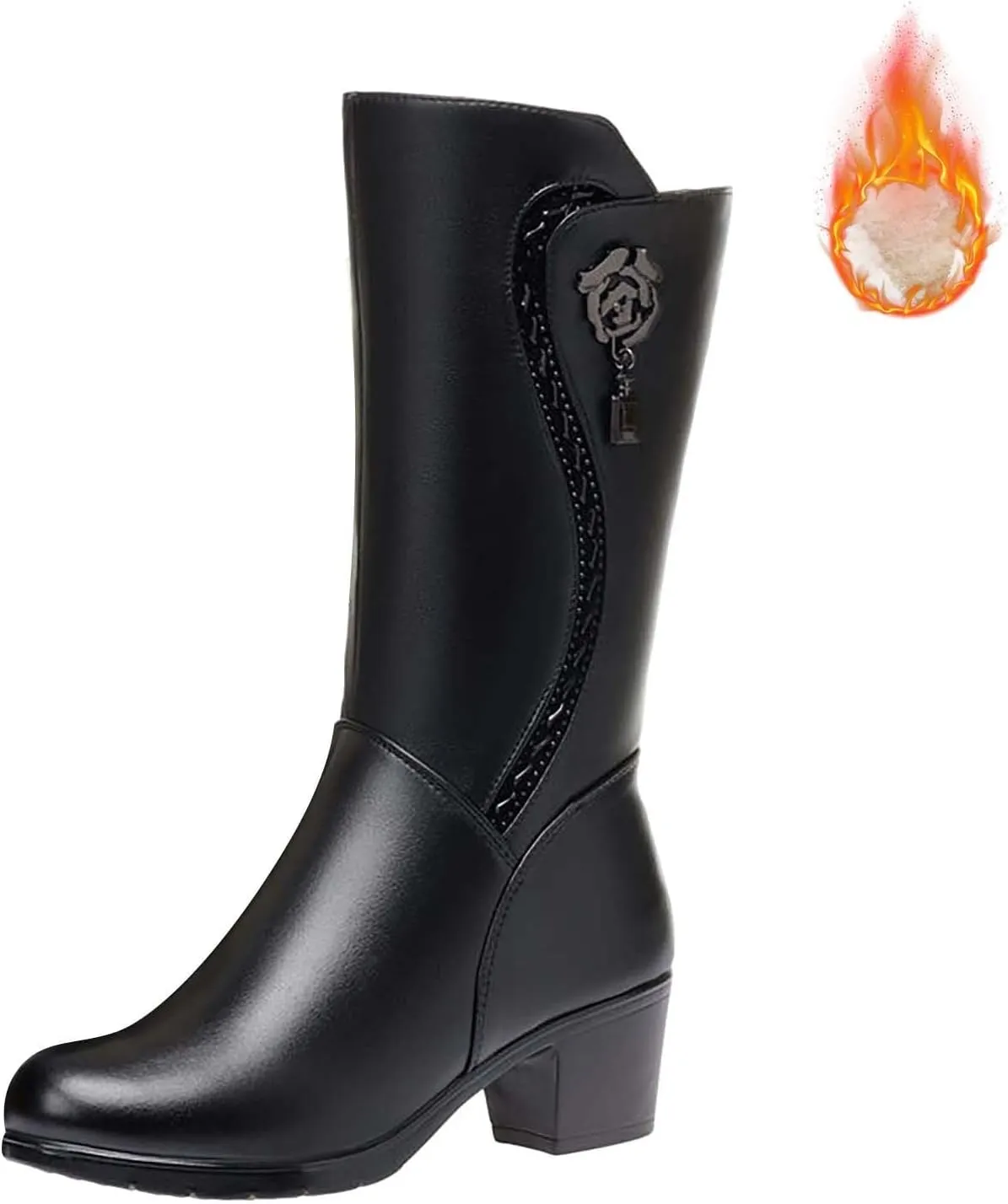 Boots with Heels for Women Waterproof Black Dress Boots for Women Round Toe Square Heel Knee-High Boots