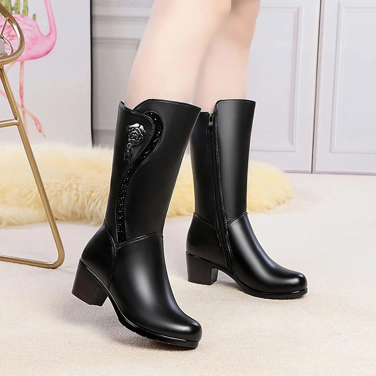Boots with Heels for Women Waterproof Black Dress Boots for Women Round Toe Square Heel Knee-High Boots