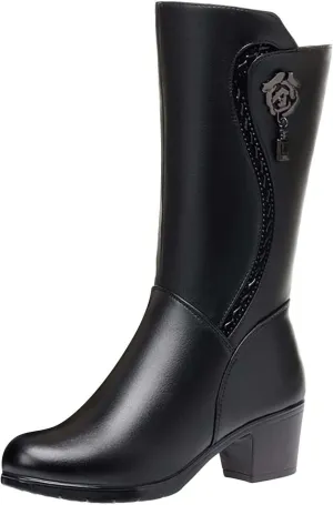 Boots with Heels for Women Waterproof Black Dress Boots for Women Round Toe Square Heel Knee-High Boots