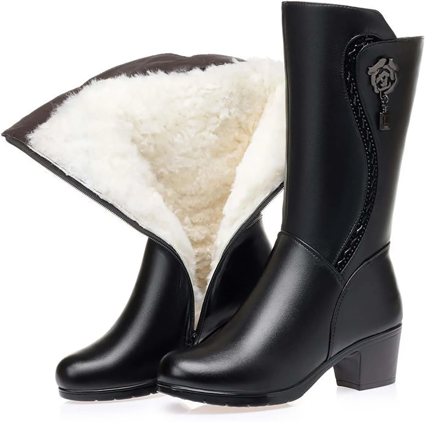 Boots with Heels for Women Waterproof Black Dress Boots for Women Round Toe Square Heel Knee-High Boots