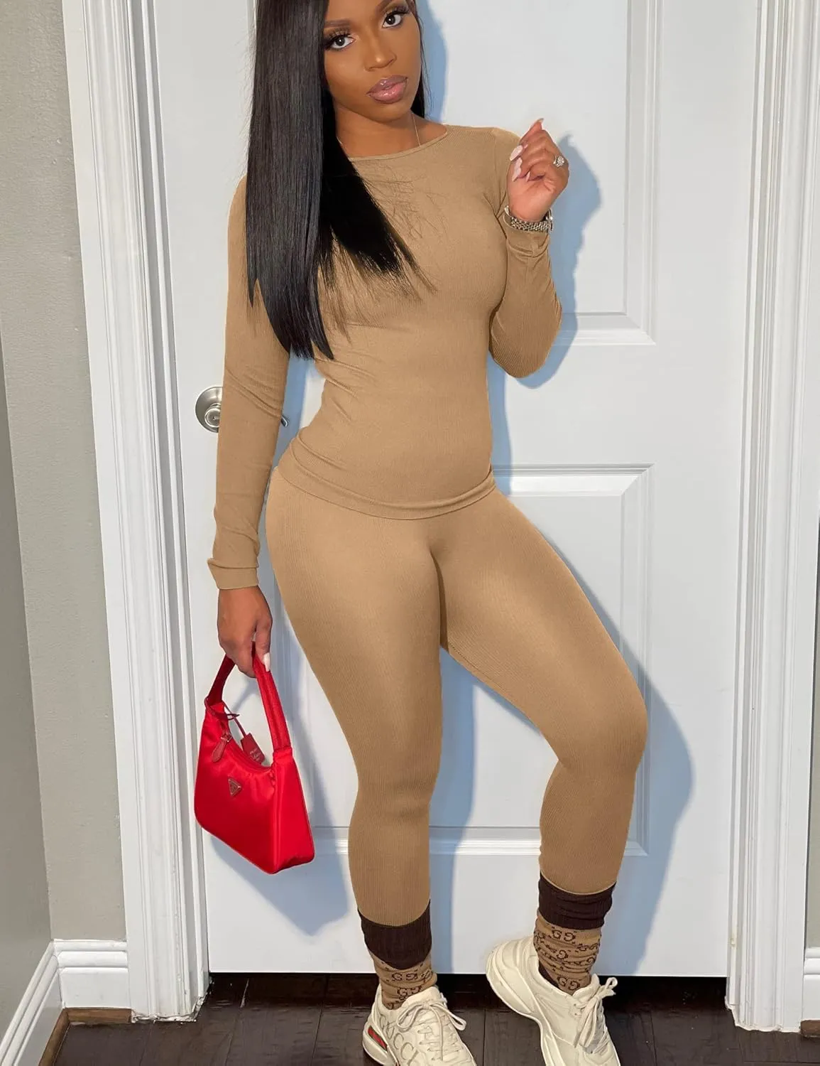 BORIFLORS Women's 2 Piece Track Suits Outfits Workout Long Sleeve Top Jogger Legging Pants Sets