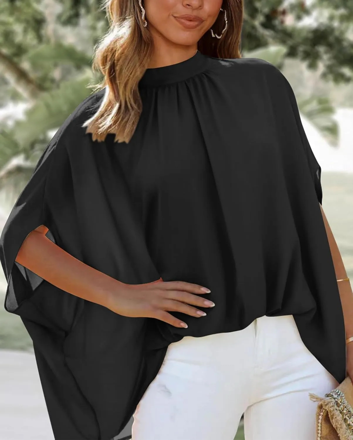 BTFBM Women Mock Neck Summer Tops 2025 Spring Batwing Short Sleeve Loose High Low Hem Casual Oversized Blouses Shirts