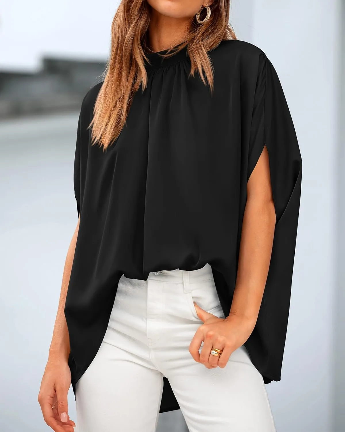BTFBM Women Mock Neck Summer Tops 2025 Spring Batwing Short Sleeve Loose High Low Hem Casual Oversized Blouses Shirts