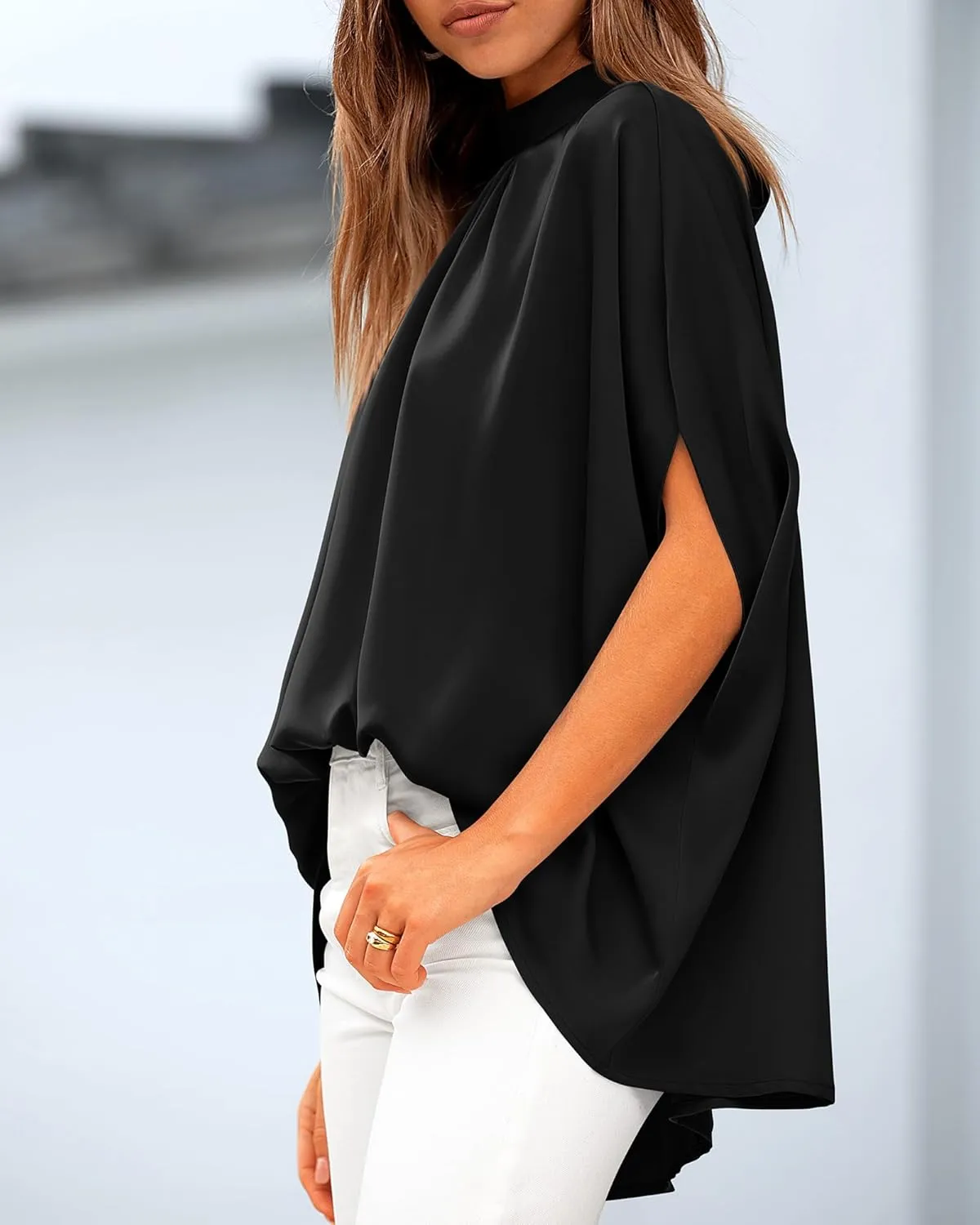 BTFBM Women Mock Neck Summer Tops 2025 Spring Batwing Short Sleeve Loose High Low Hem Casual Oversized Blouses Shirts