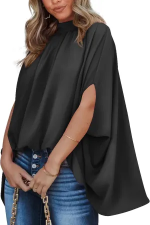 BTFBM Women Mock Neck Summer Tops 2025 Spring Batwing Short Sleeve Loose High Low Hem Casual Oversized Blouses Shirts