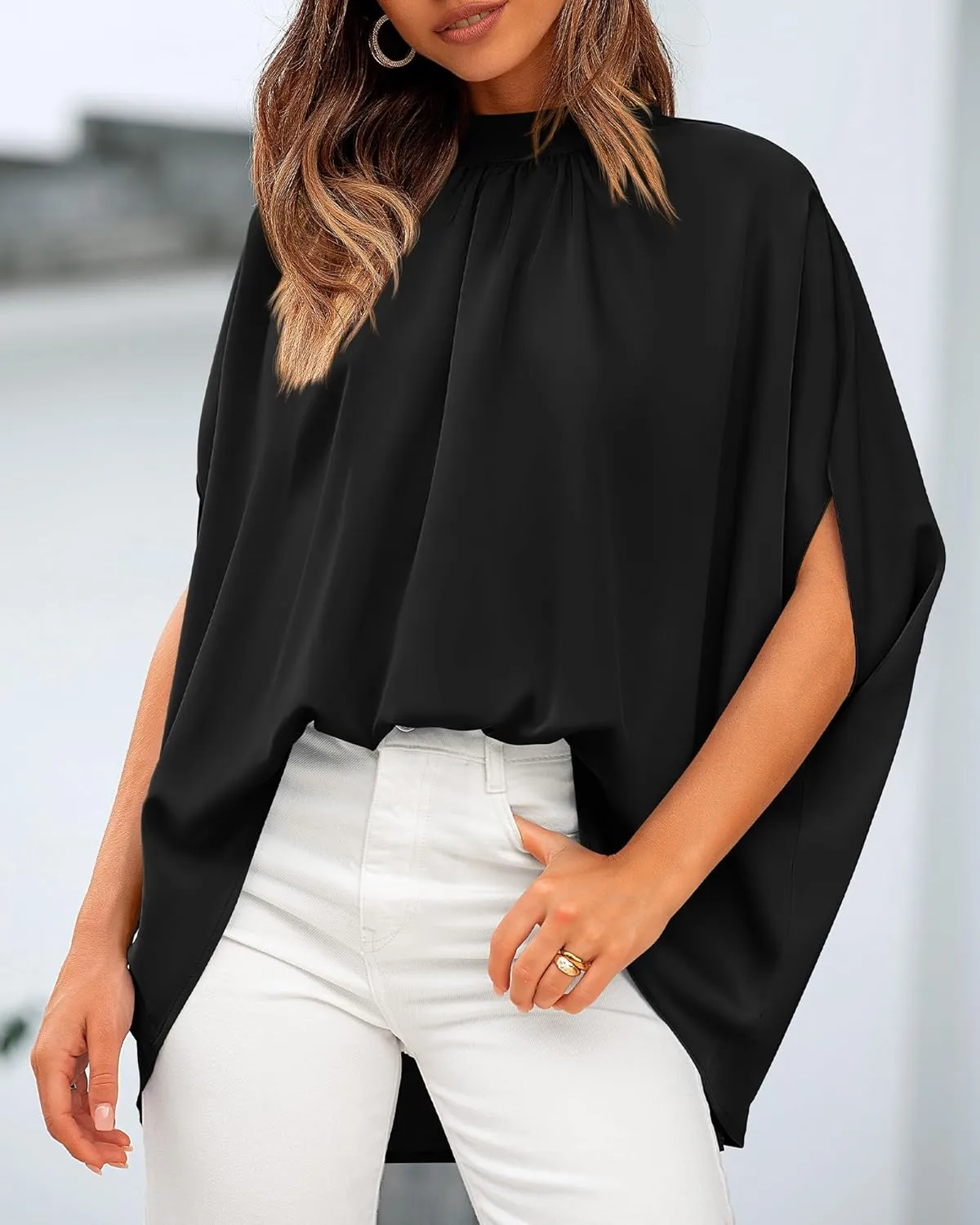BTFBM Women Mock Neck Summer Tops 2025 Spring Batwing Short Sleeve Loose High Low Hem Casual Oversized Blouses Shirts