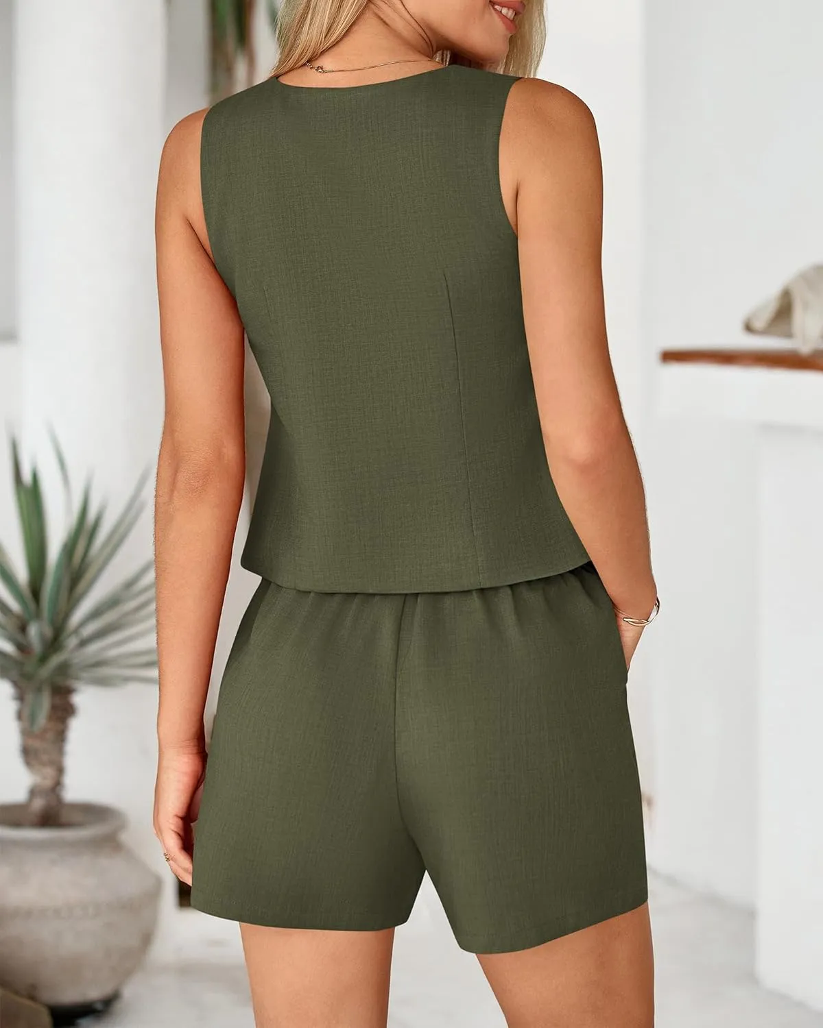 BTFBM Women's Blazer 2 Piece Outfits Summer 2025 Casual Business Clothes Sleeveless Button Down Vest Shorts Lounge Sets