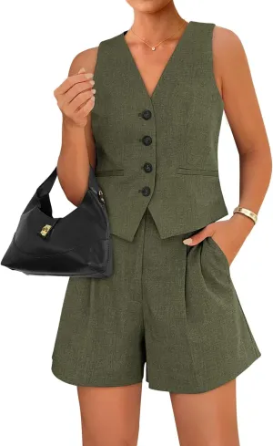 BTFBM Women's Blazer 2 Piece Outfits Summer 2025 Casual Business Clothes Sleeveless Button Down Vest Shorts Lounge Sets