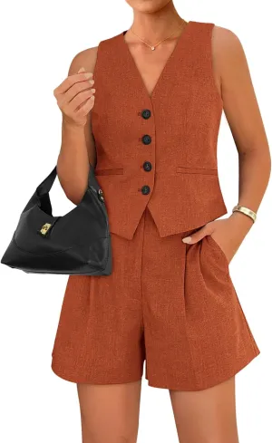 BTFBM Women's Blazer 2 Piece Outfits Summer 2025 Casual Business Clothes Sleeveless Button Down Vest Shorts Lounge Sets