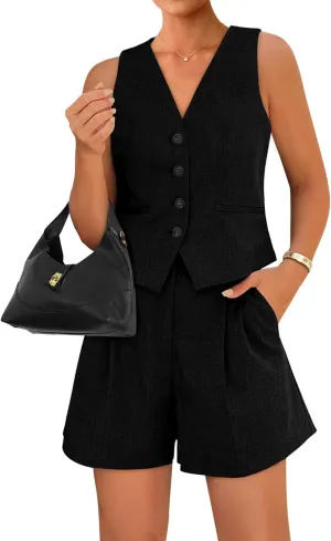 BTFBM Women's Blazer 2 Piece Outfits Summer 2025 Casual Business Clothes Sleeveless Button Down Vest Shorts Lounge Sets