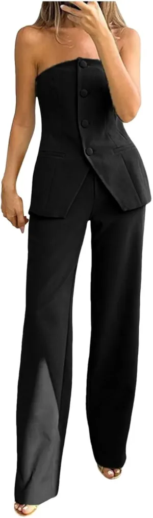Business Casual Outfits for Women 2 Piece Button Down Off Shoulder Tops Wide Leg Dress Pants Solid Color Office Blazer Suit