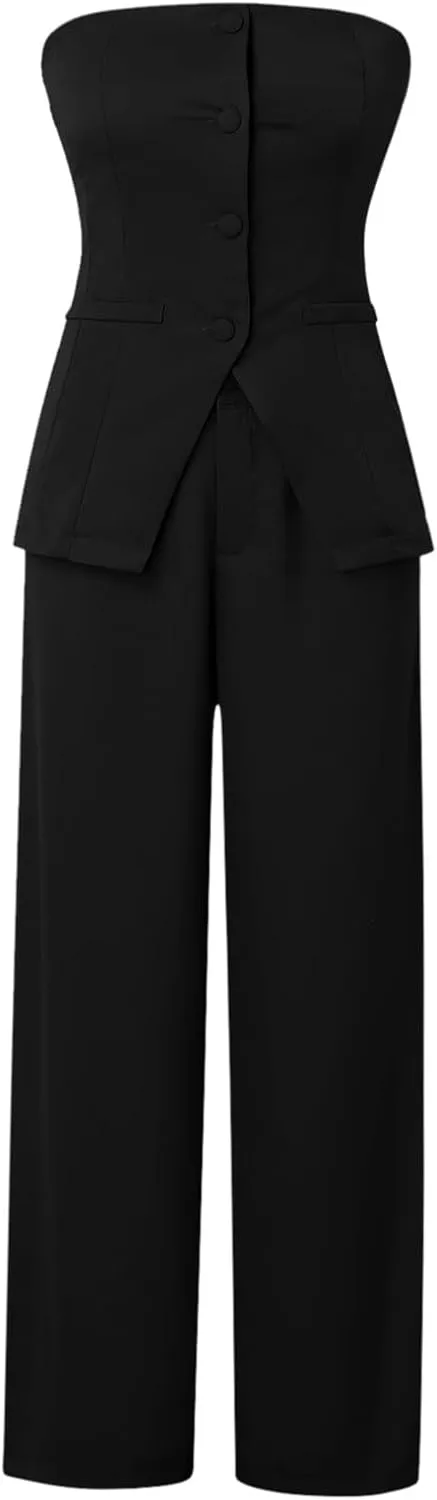 Business Casual Outfits for Women 2 Piece Button Down Off Shoulder Tops Wide Leg Dress Pants Solid Color Office Blazer Suit