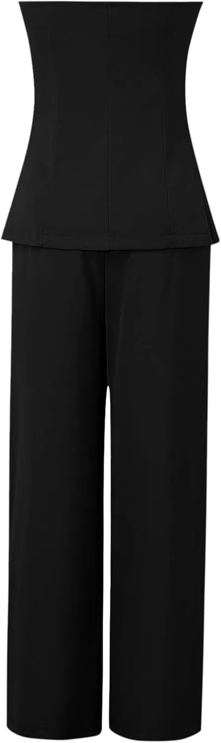 Business Casual Outfits for Women 2 Piece Button Down Off Shoulder Tops Wide Leg Dress Pants Solid Color Office Blazer Suit