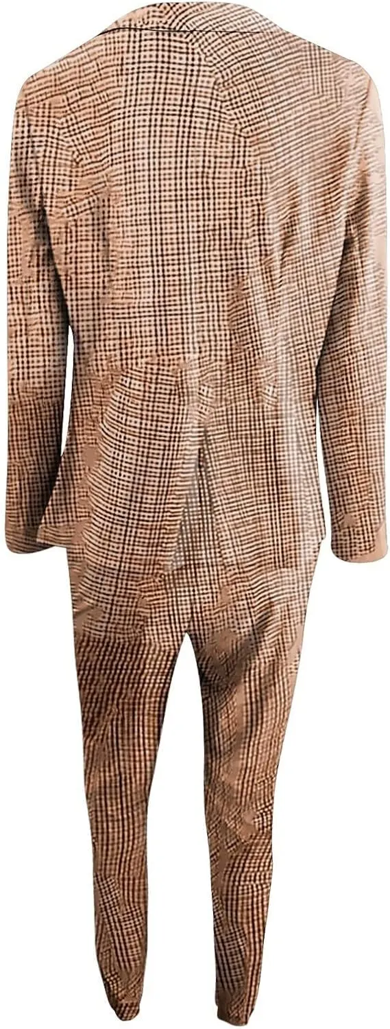 Business Outfits for Women Trendy Two Piece Suit Sets Plaid Open Front Long Sleeve Blazer Drawstring Office Pants