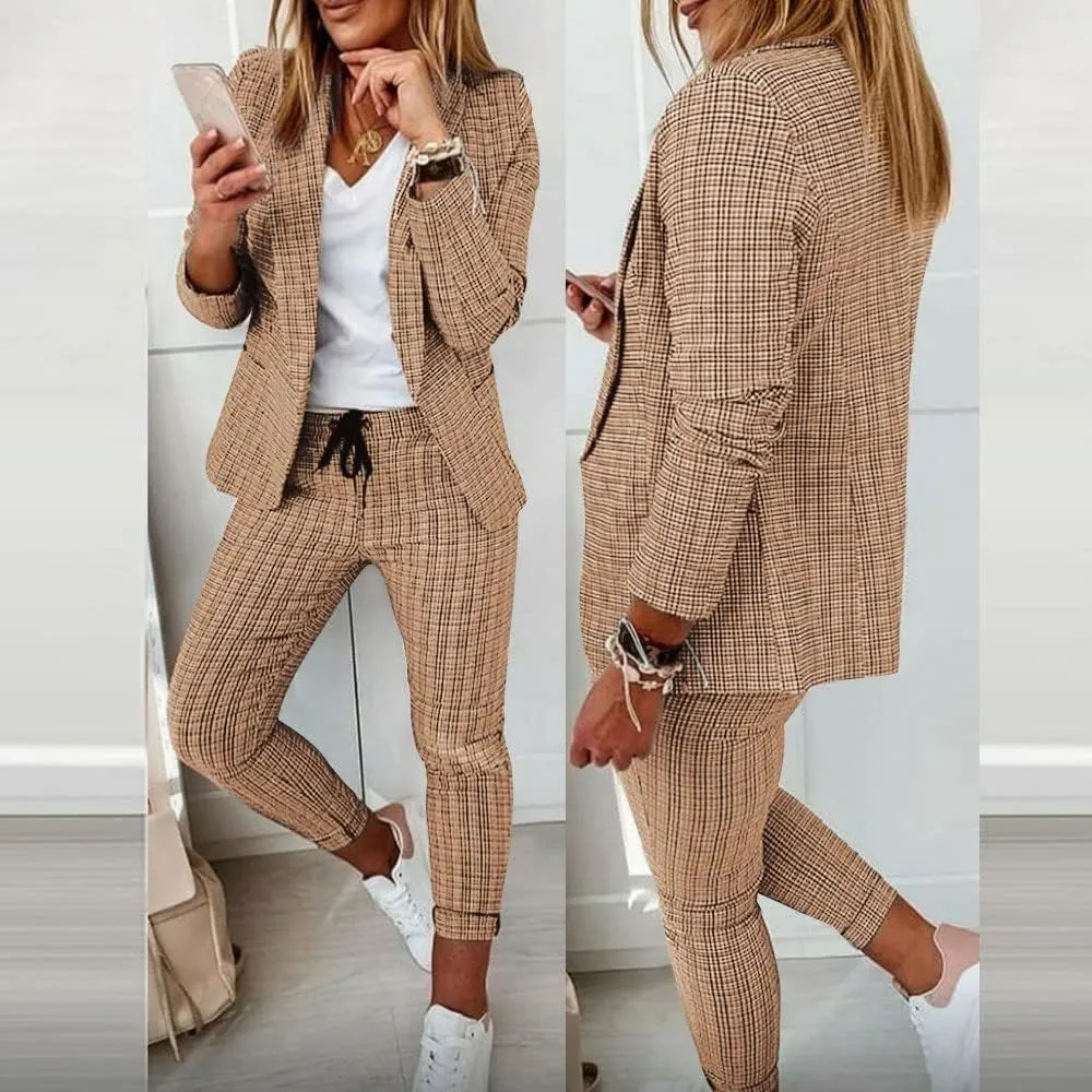 Business Outfits for Women Trendy Two Piece Suit Sets Plaid Open Front Long Sleeve Blazer Drawstring Office Pants