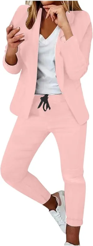 Business Outfits for Women Trendy Two Piece Suit Sets Plaid Open Front Long Sleeve Blazer Drawstring Office Pants