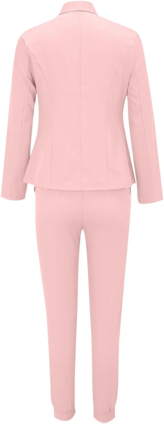 Business Outfits for Women Trendy Two Piece Suit Sets Plaid Open Front Long Sleeve Blazer Drawstring Office Pants