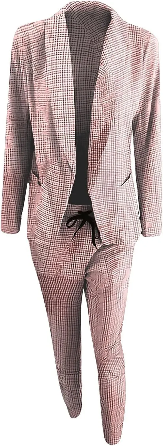 Business Outfits for Women Trendy Two Piece Suit Sets Plaid Open Front Long Sleeve Blazer Drawstring Office Pants