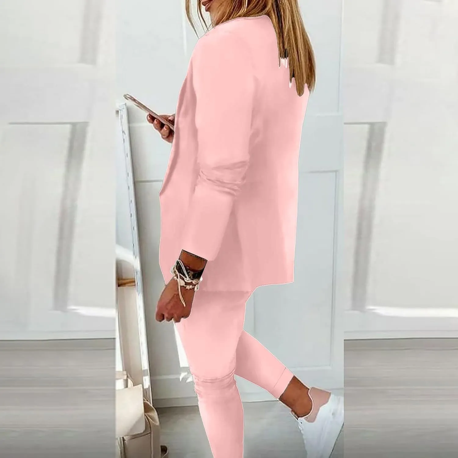 Business Outfits for Women Trendy Two Piece Suit Sets Plaid Open Front Long Sleeve Blazer Drawstring Office Pants