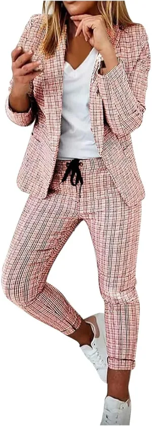 Business Outfits for Women Trendy Two Piece Suit Sets Plaid Open Front Long Sleeve Blazer Drawstring Office Pants
