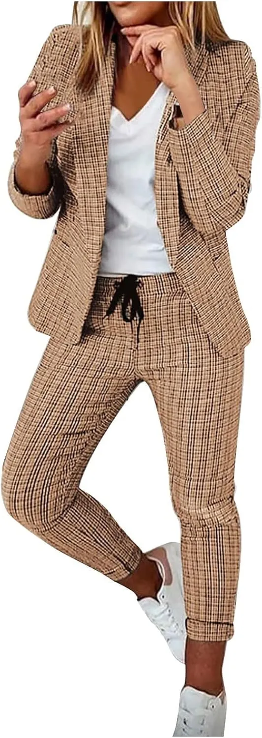 Business Outfits for Women Trendy Two Piece Suit Sets Plaid Open Front Long Sleeve Blazer Drawstring Office Pants