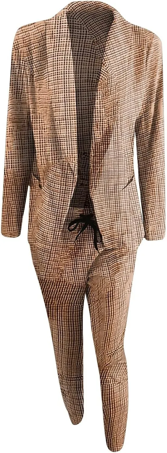 Business Outfits for Women Trendy Two Piece Suit Sets Plaid Open Front Long Sleeve Blazer Drawstring Office Pants