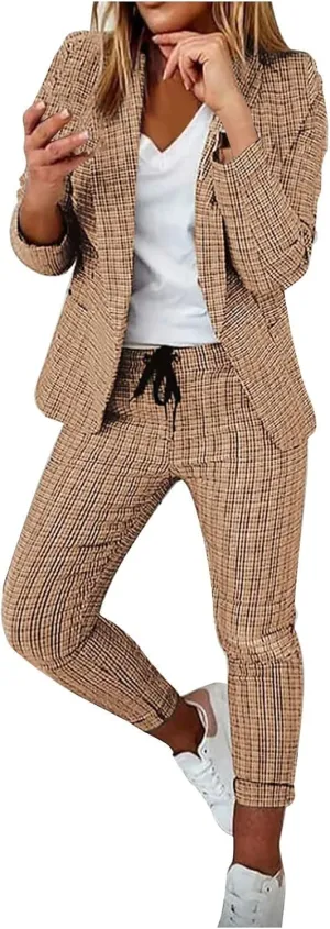 Business Outfits for Women Trendy Two Piece Suit Sets Plaid Open Front Long Sleeve Blazer Drawstring Office Pants