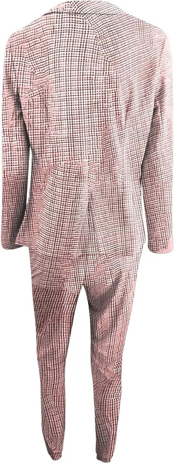 Business Outfits for Women Trendy Two Piece Suit Sets Plaid Open Front Long Sleeve Blazer Drawstring Office Pants