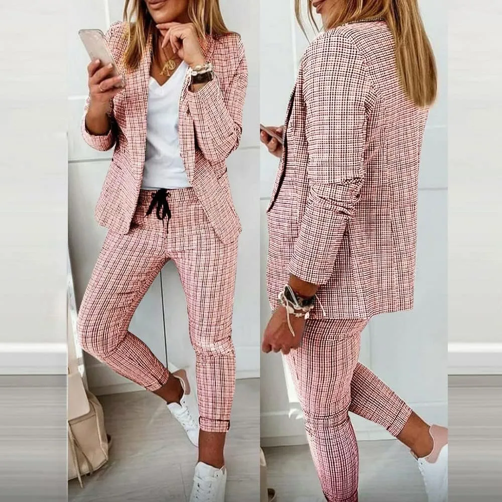 Business Outfits for Women Trendy Two Piece Suit Sets Plaid Open Front Long Sleeve Blazer Drawstring Office Pants