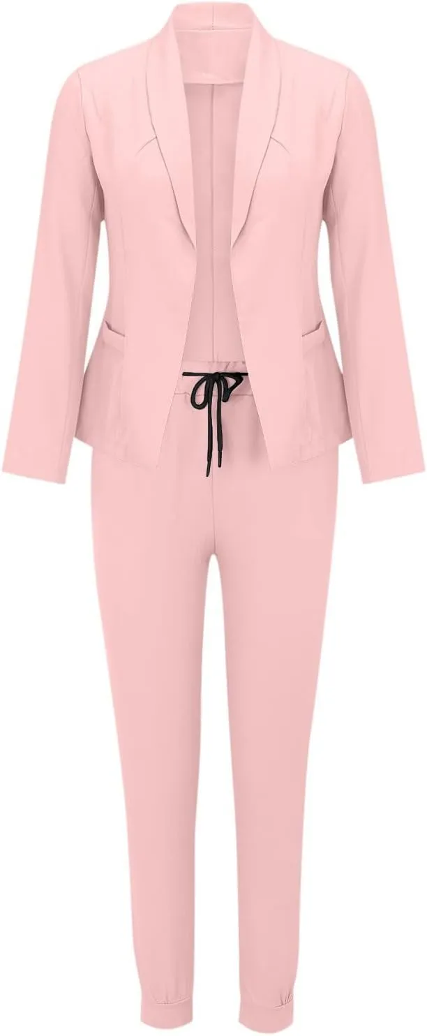 Business Outfits for Women Trendy Two Piece Suit Sets Plaid Open Front Long Sleeve Blazer Drawstring Office Pants