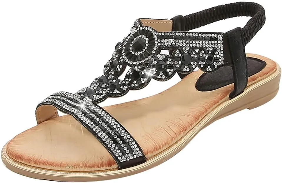 Caistre Flat Sandals for Women Casual Summer Open Toe Comfortable Dressy Sandals Women's Rhinestone Bohemia Strappy Shoes